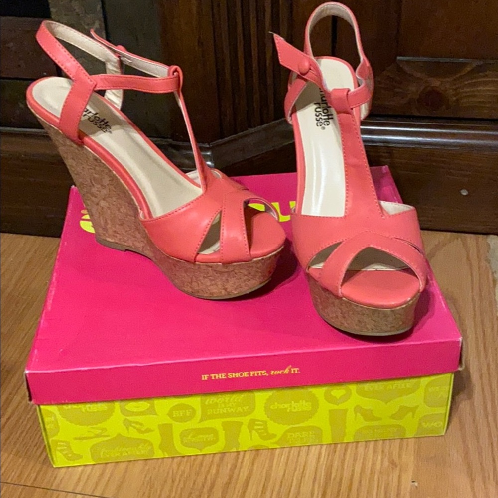 Charlotte Russe T strap coral wedges